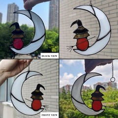 Moon Witch Stained Glass Window Hanging – Halloween Decor