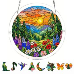 Rustic Sunset Pine Forest Meadow Blooms Acrylic Puzzle Suncatcher Window Decor