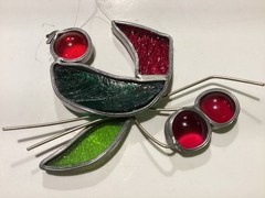 Bird Sun Catcher Stain glass Handmade Cherry Tree Red Green