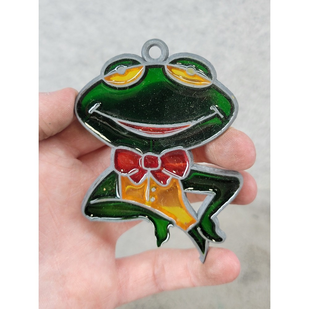 Vintage Frog Suncatcher Ornament Green Faux Stained Glass Bow Tie Whimsical