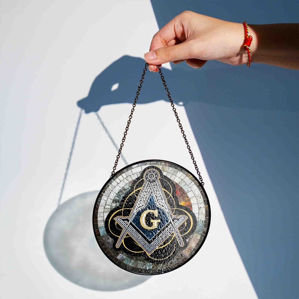 Masonic Symbol Mosaic Stone, Silver Stained Glass Suncatcher, Lodge Gift