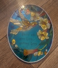 Oval Stained Glass Suncatcher Window Hanging with Hummingbird and Flowers.