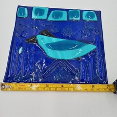 Abstract Blue Bird Fused Glass Art Suncatcher Tile Sculpture OOAK Collectible