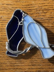 Tiffany-like Stained Glass Blue Lovebirds Suncatcher 4”, Unmarked