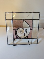 Vintage Handmade Stained Glass Suncatcher W/ Real Nautilus Shell Signed Lopez 92
