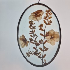VTG 4×6 Heavy Leaded Oval Pressed Flower Suncatcher Beveled Glass Botanical