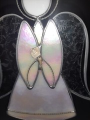 Stained Glass Etched Angel Free Standing Iridescent Metal Holding Flower 8” VTG