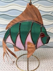 Vintage Stained Glass Rainbow Fish Suncatcher Dichroic Green/Pink w/Copper Fins