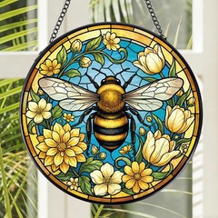 Stained Glass Bee Sun Catcher – 7.8″ Flower Window Decor, Indoor Hanging Ornamen