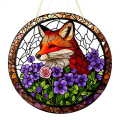 Fox Flower Suncatcher 8 Inch Faux Stained Glass Window Home Decor
