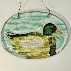 Oval Mallard Duck Design Handpainted Glass Window Sun Catcher 4.5″ Ornament