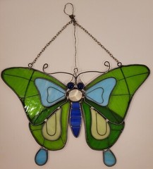 Stained Glass Suncatcher Butterfly Brilliant Blues & Greens Hand Crafted 13″x14″