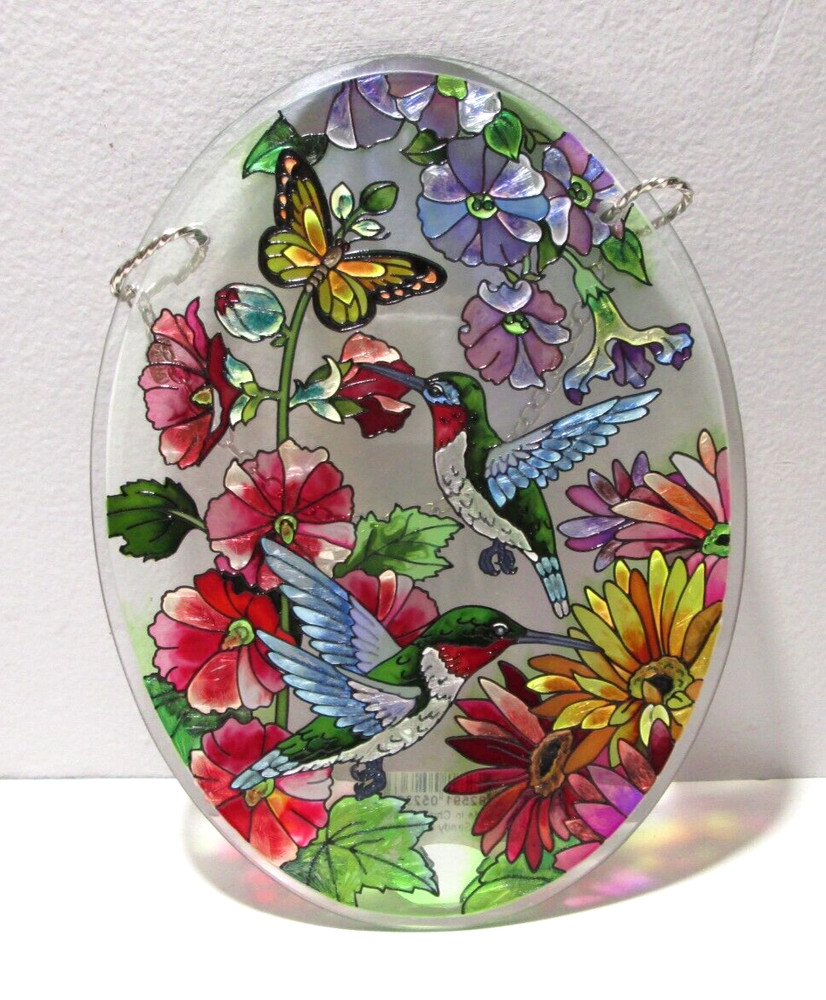 🙂 AMIA Hummingbirds Floral Oval Painted Etched Glass Suncatcher Chain 7″x 5.25″