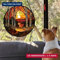 Stained Glass Window Hanging, Orange Red Landscape Forest Lake Moon Suncatcher f