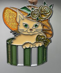 Vintage Stained Glass Style Cat Sun Catcher Green Yellow Glitter Rose Hat Box