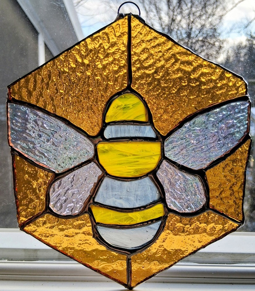 Handmade Stained Glass Amber Colored Bee Suncatcher