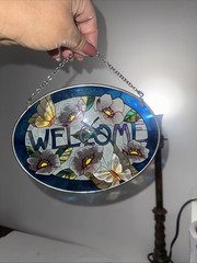 AMIA Flowers Butterfly Welcome Sign Stained Glass Hanging Suncatcher 7”x 5.25”