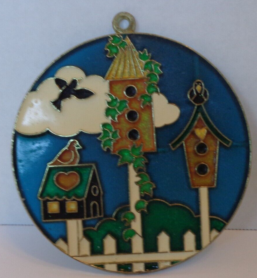Vintage Faux Stained Glass Bird House Scene Sun Catcher Multicolor Round 4.5″