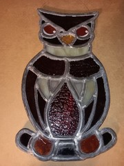 Vintage Signed CULLEN Stained Glass Owl Suncatcher Leaded Window Art 11” 70s MCM