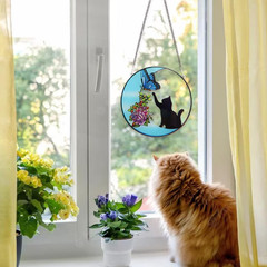 Stained Glass Window Hanging Suncatcher Cat Butterfly on the Moon Suncatcher Dec
