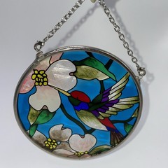 Vintage Amia Stained Glass Hummingbird 3.5” Window Sun Catcher Hanging Flowers