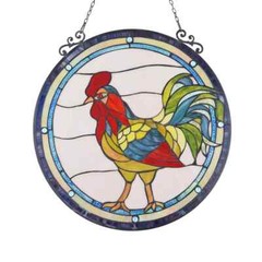 24″ Stained Glass Rooster Round Window Panel Handcrafted Tiffany Style
