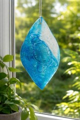 Handmade Blue Glass Sea Turtle Suncatcher Sun Room Beach Decor Window Hanging