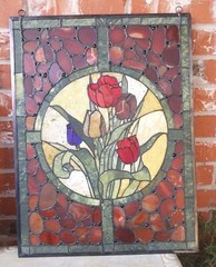 TULIP 24″ Real AGATE, JADE Mosaic Stained Glass Window Wall Panel River of Goods