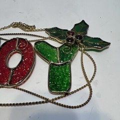 VTG Stained Resin Glass Christmas Joy Holly Berry Hanging Window Suncatcher 10”