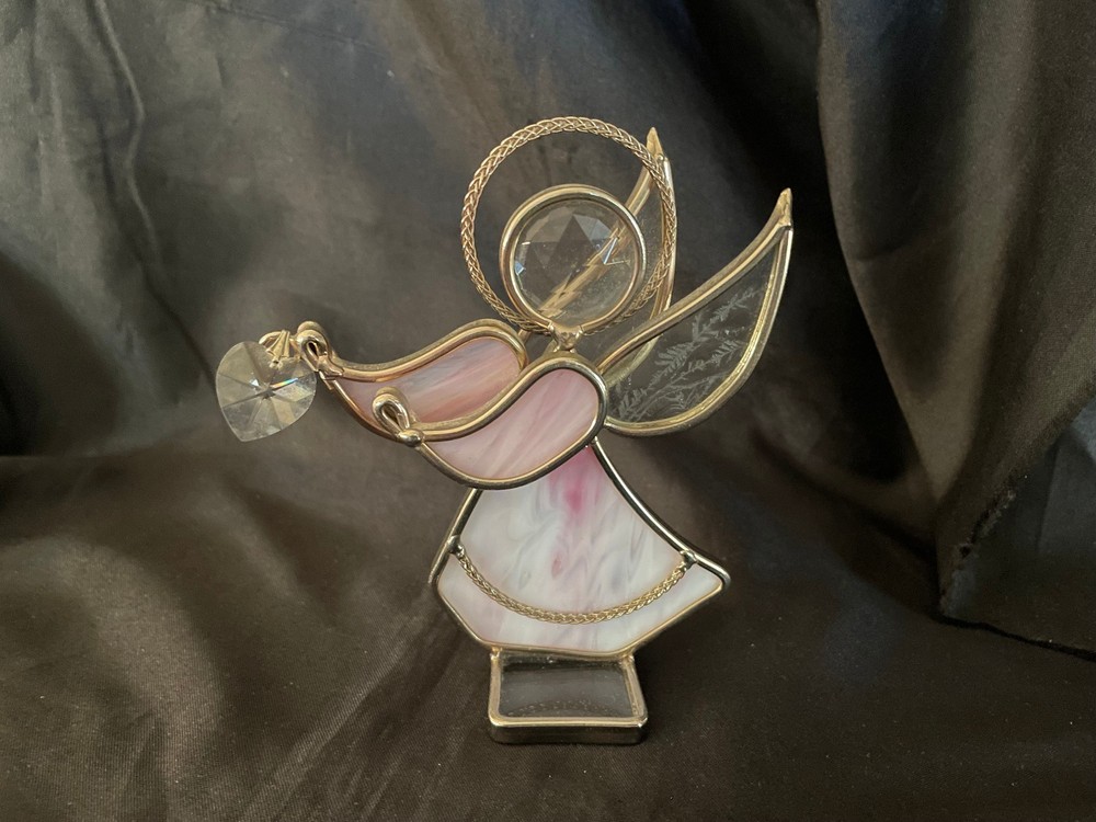 Pink Stained glass suncatcher angel with Wings free standing figure 5” x 4”