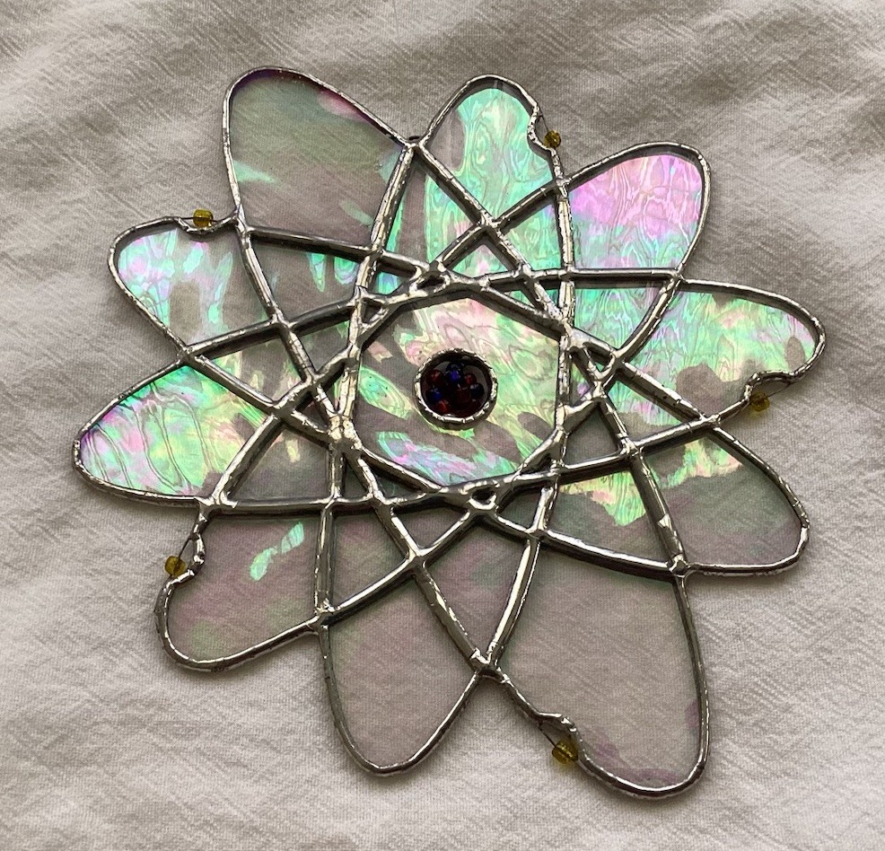 Unique Vtg Iridescent Atom Sun Catcher 7”x6” Five Electrons Beaded Nucleus