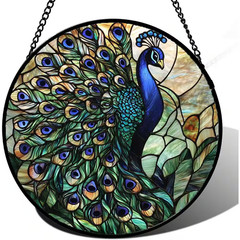 7.8X7.8 In. Stained Glass Window Hanging, Turquoise Peacock Sun Catcher for Outd