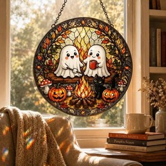 Cute Ghost Campfire Stained Glass Suncatcher, Halloween Window Hanging Gift