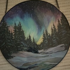 Round Glass Suncatcher Aurora Borealis Winter Forest Scene Hanging on Chain