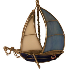 Stained Glass Art Sailboat with 3 sails in blue and white