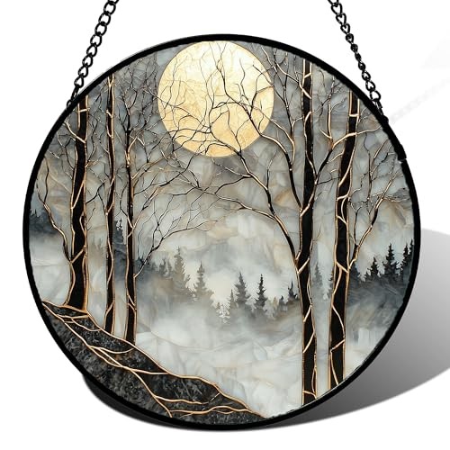 Stained Glass Window Hanging – Black and White Gold Moon 7.8×7.8 IN Black Gold