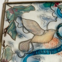Vintage White Dove Sun Catcher Peace on Earth Glass Metal Panel Christmas bird