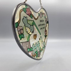 Vintage Heart Shaped Stained Glass Suncatcher With Birds & Flowers