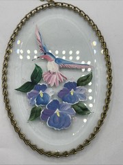 Hummingbird suncatcher oval metal rim nature flowers hanging garden Handpainted