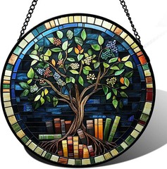 Stained Glass Window Hanging Green Life Tree Berry Book 6.3″ – Blue Suncatcher D