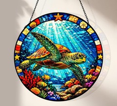 Symbolic Round Sea Turtle Suncatcher – 7.87″ Stained Glass Indoor Decor
