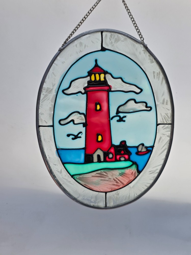 Stained Glass Beach lighthouse Oval Suncatcher Window Wall Decor 7×5.5″