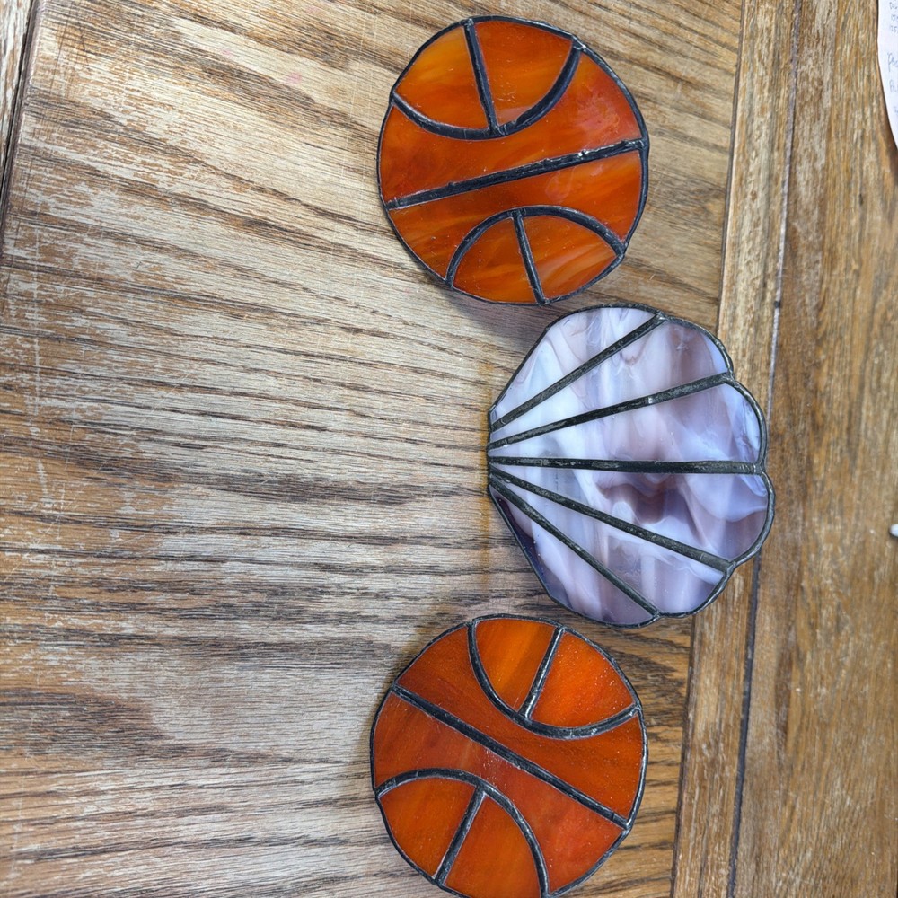 Set Of 3 Vintage Stained Glass Leaded Sun Catchers Mixed Natural Patina 1970’s