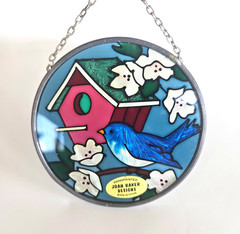 Joan Baker Designs Blue Bird Birdhouse Garden Hand Painted Glass Suncatcher 3.5″
