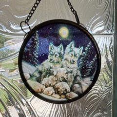 Round Glass Wolf Under Moon Suncatcher Hanging Window Decor w/ Chain Metal