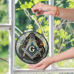 Masonic Symbol Mosaic Stone, Silver Stained Glass Suncatcher, Lodge Gift