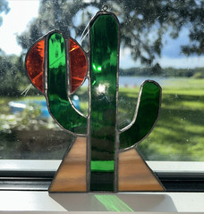 Stained Glass Cactus 6 x 4 Suncatcher Southwest Orange Green Handmade Hang Ring