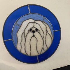 Handmade Terrier Mix Dog 10-1/2” Stained Glass SunCatcher Blue Glass Read