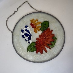 Vtg Sun Catcher Painted Glass Butterfly Flower Stained Red Orange Blue Porch