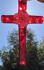 Fused Glass Cross Suncatcher Signed By Artist 4”x 2.5”